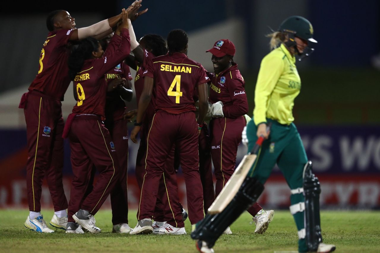 The West Indies fielders celebrate Dane van Niekerk's dismissal, West Indies v South Africa, Women's World T20, Group A, St Lucia, November 14, 2018