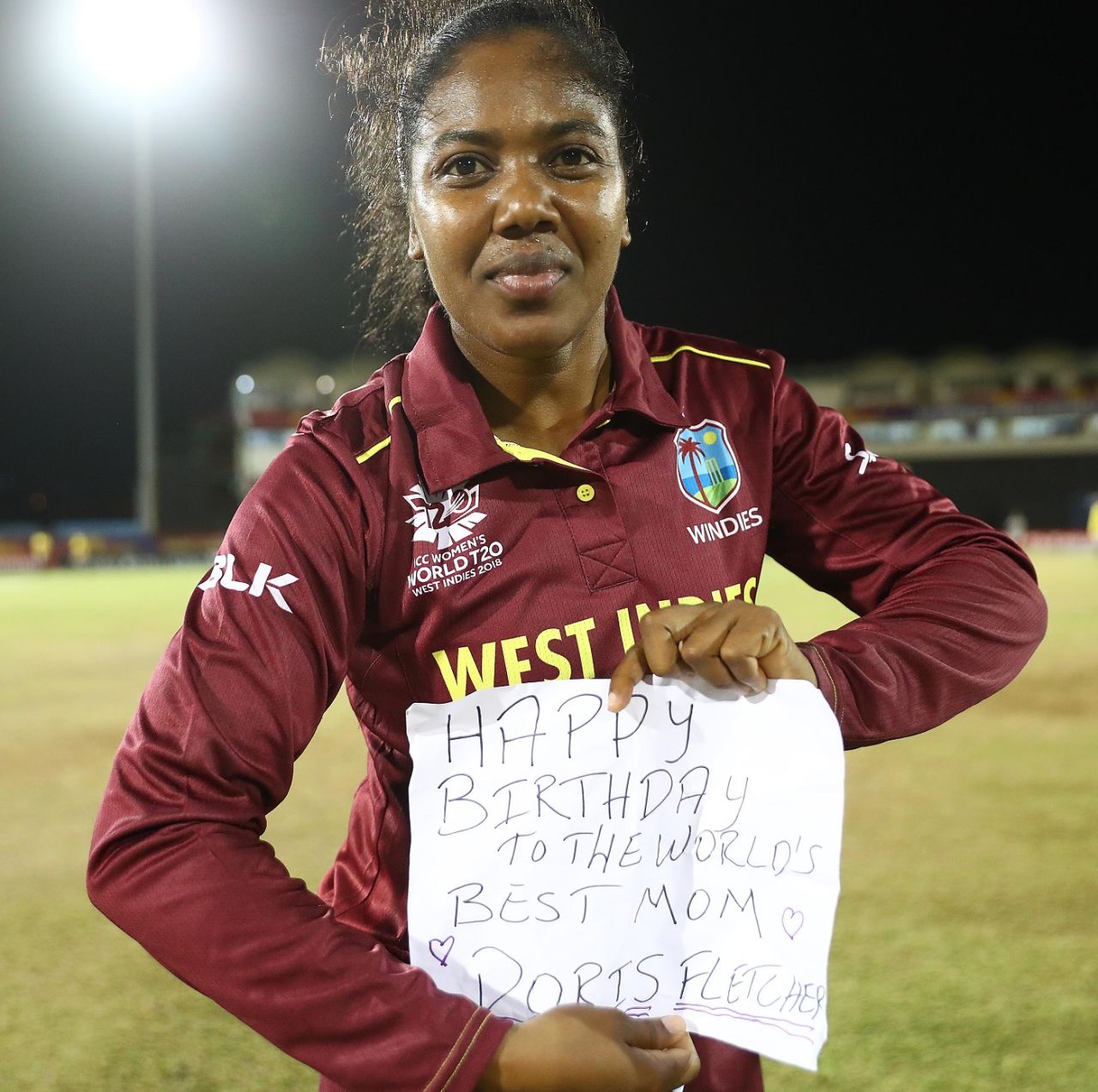 Afy Fletcher poses with a message for her mother, West Indies v South Africa, Women's World T20, Group A, St Lucia, November 14, 2018