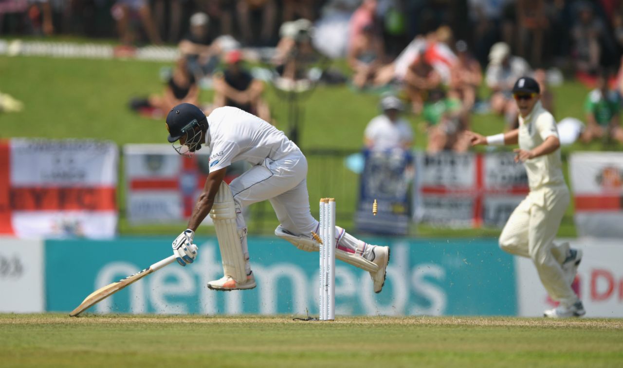 Dimuth Karunaratne was run out for 63, Sri Lanka v England, 2nd Test, Pallekele, 2nd day, November 15, 2018