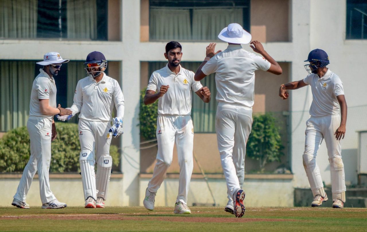 J Suchith celebrates a wicket with his team-mates, Vidarbha v Karnataka, Ranji Trophy 2018-19, Nagpur, 4th day, November 15, 2018