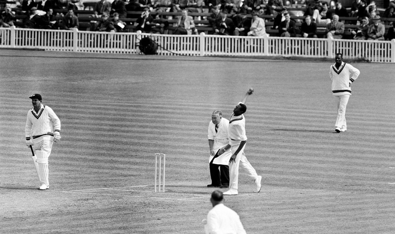 Lance Gibbs bowls, West Indies v England, 1st Test, Port-of-Spain, January 1968