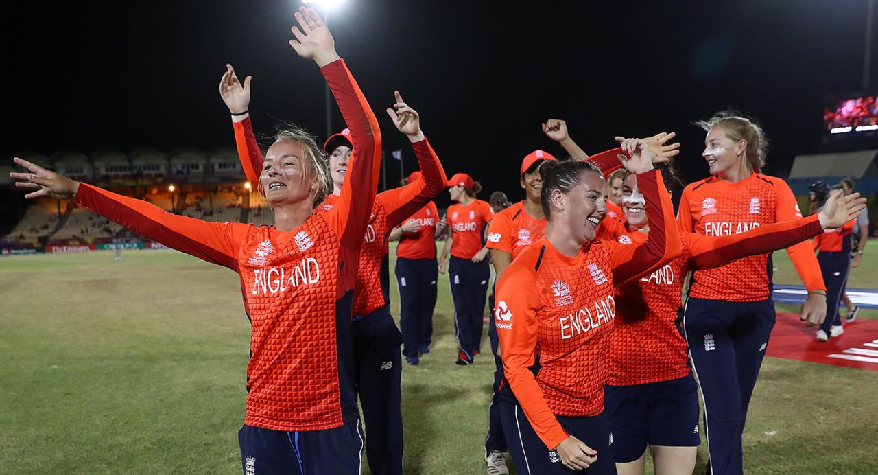 England celebrate their comprehensive victory, England v South Africa, Women's World T20, Group A, St Lucia, November 16, 2018