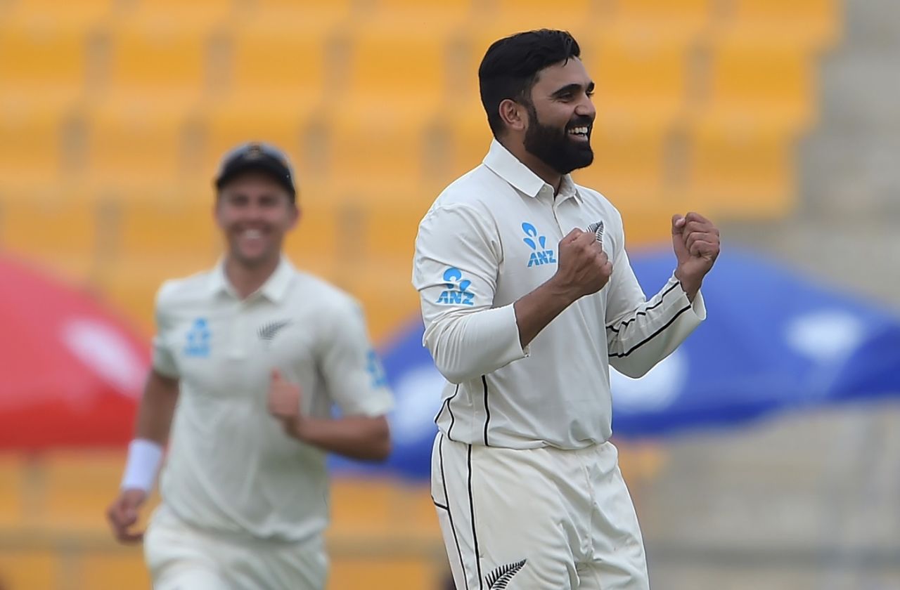 Ajaz Patel celebrates his maiden Test wicket, Pakistan v New Zealand, 1st Test, Abu Dhabi, 2nd day, November 17, 2018