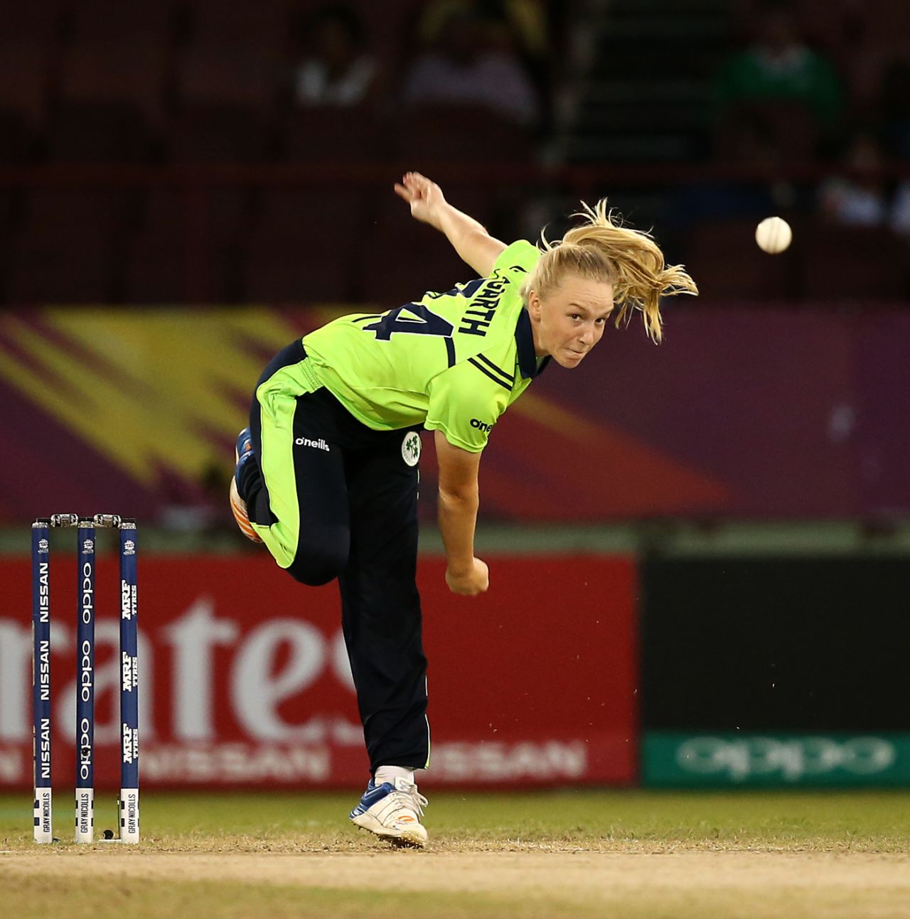 Kim Garth in her follow-through, Group B, Women's World T20 2018, Guyana, November 17, 2018