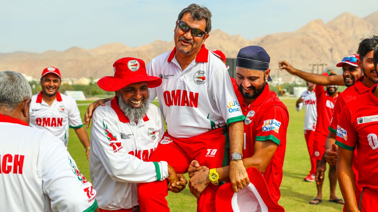 Oman Cricket director Pankaj Khimji is hoisted in the air during the victory celebrations, Oman v Uganda, ICC World Cricket League Division Three, Al Amerat, November 18, 2018