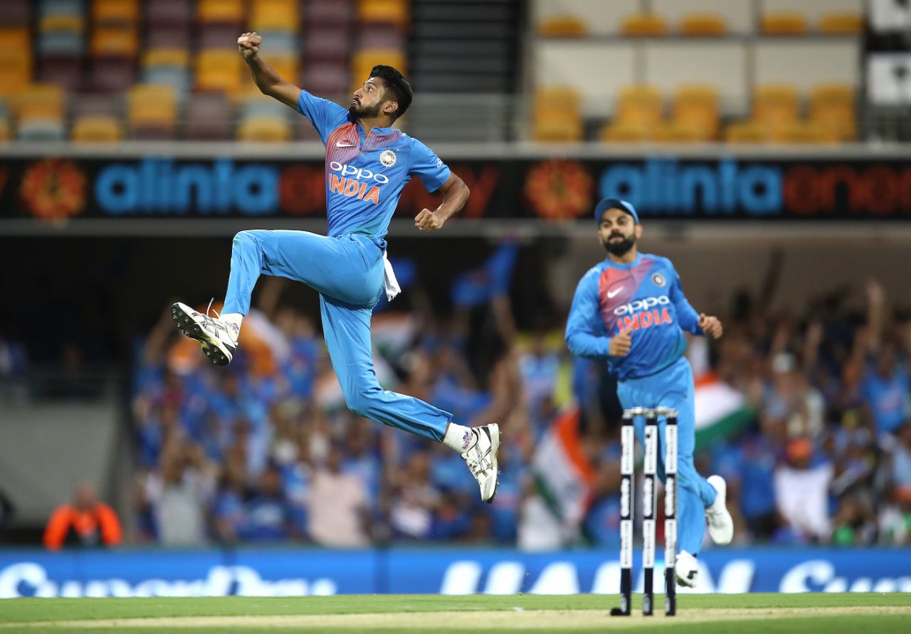 Khaleel Ahmed celebrates a wicket, Australia v India, 1st T20I, Brisbane, November 21, 2018