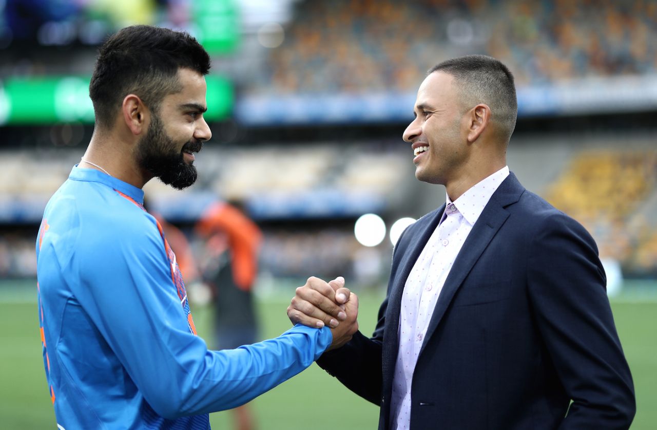 Virat Kohli greets Usman Khawaja, Australia v India, 1st T20I, Brisbane, November 21, 2018