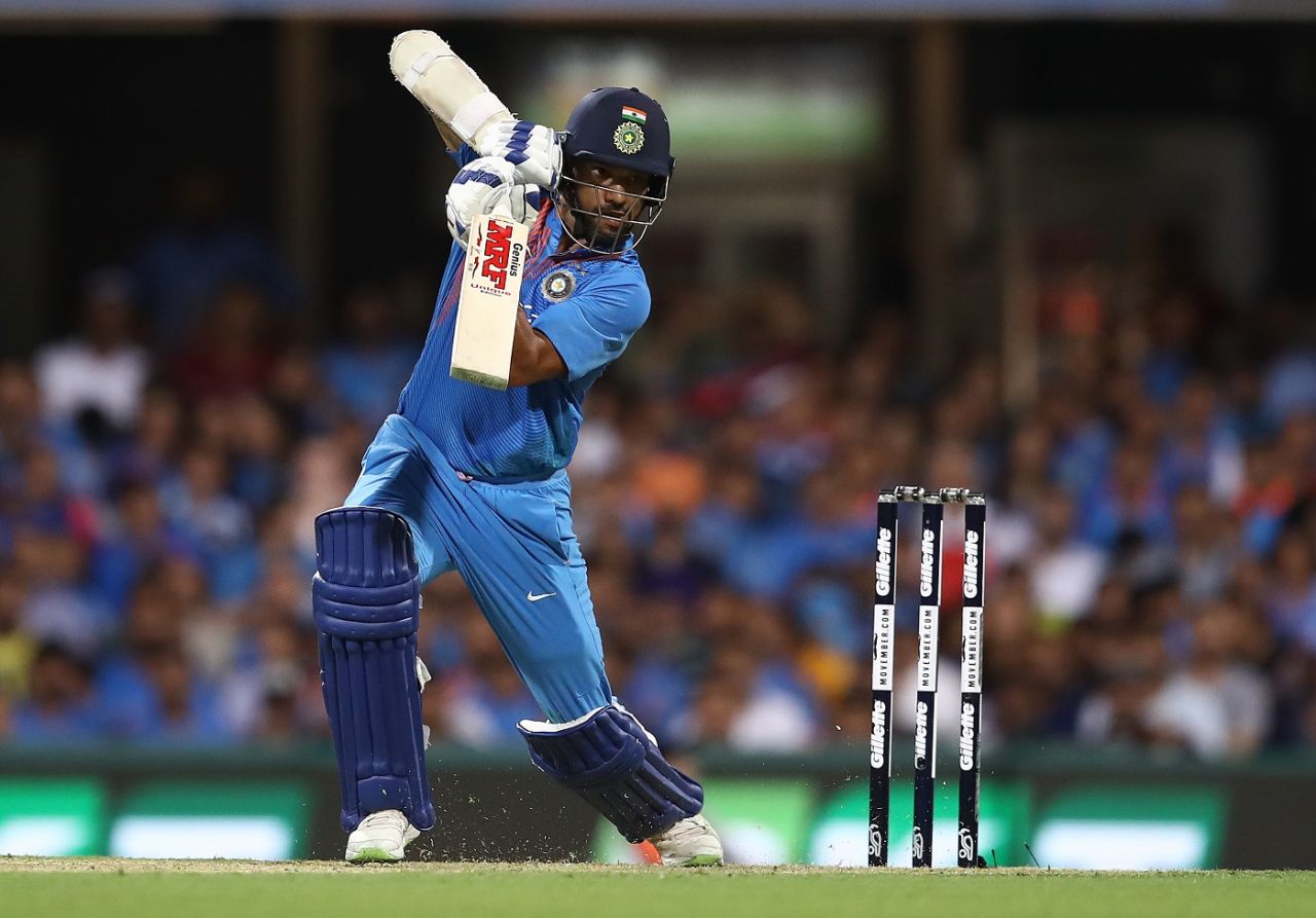 Shikhar Dhawan drives, Australia v India, 1st T20I, Brisbane, November 21, 2018
