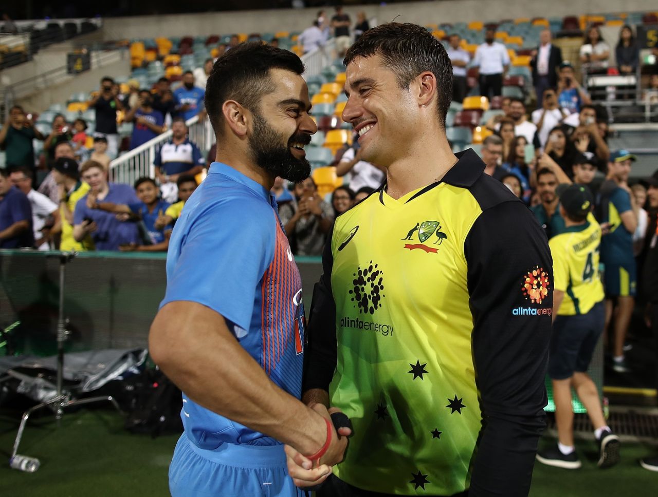 Virat Kohli and Marcus Stoinis exchange post-match pleasantries, Australia v India, 1st T20I, Brisbane, November 21, 2018