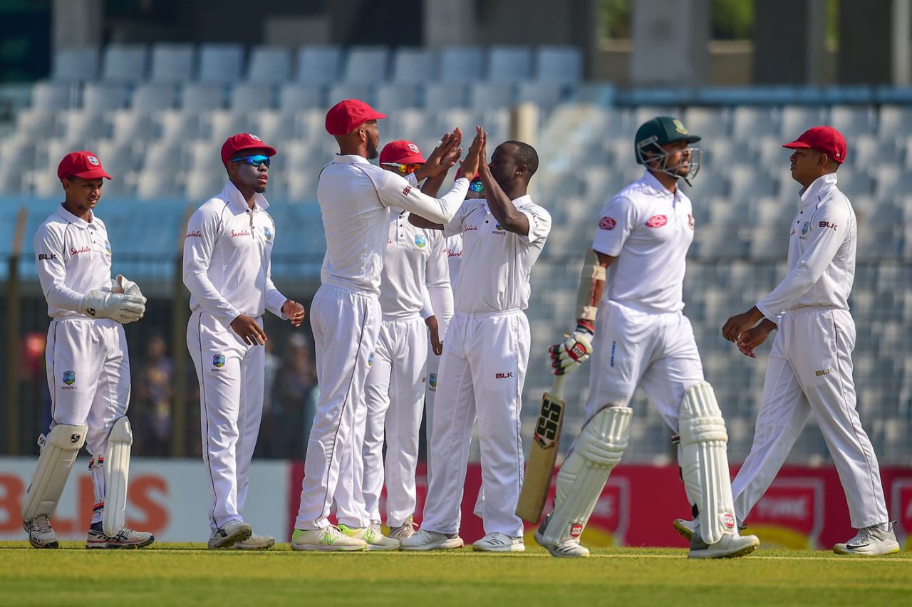 Kemar Roach celebrates Soumya Sarkar's wicket, Bangladesh v West Indies, 1st Test, Chattogram, 1st day