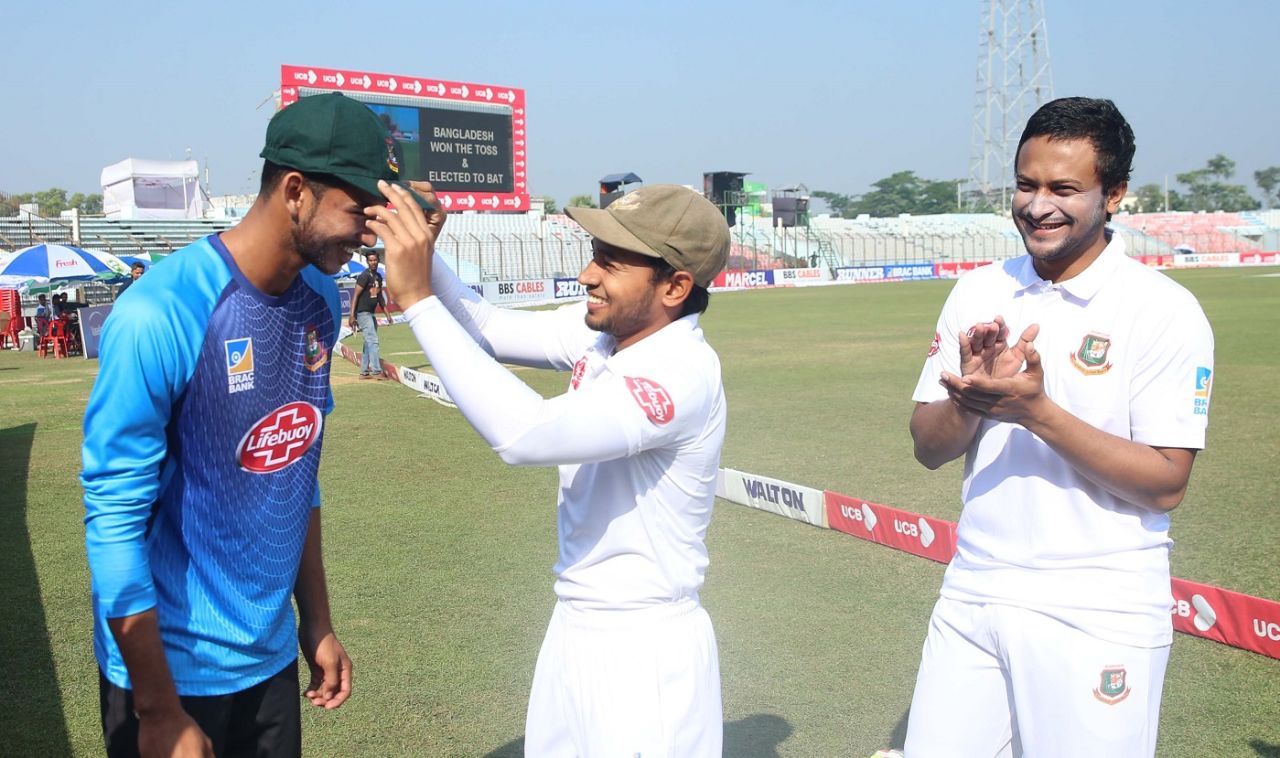 Nayeem Hasan gets his Test cap from Mushfiqur Rahim, Bangladesh v West Indies, 1st Test, Chattogram, 1st day