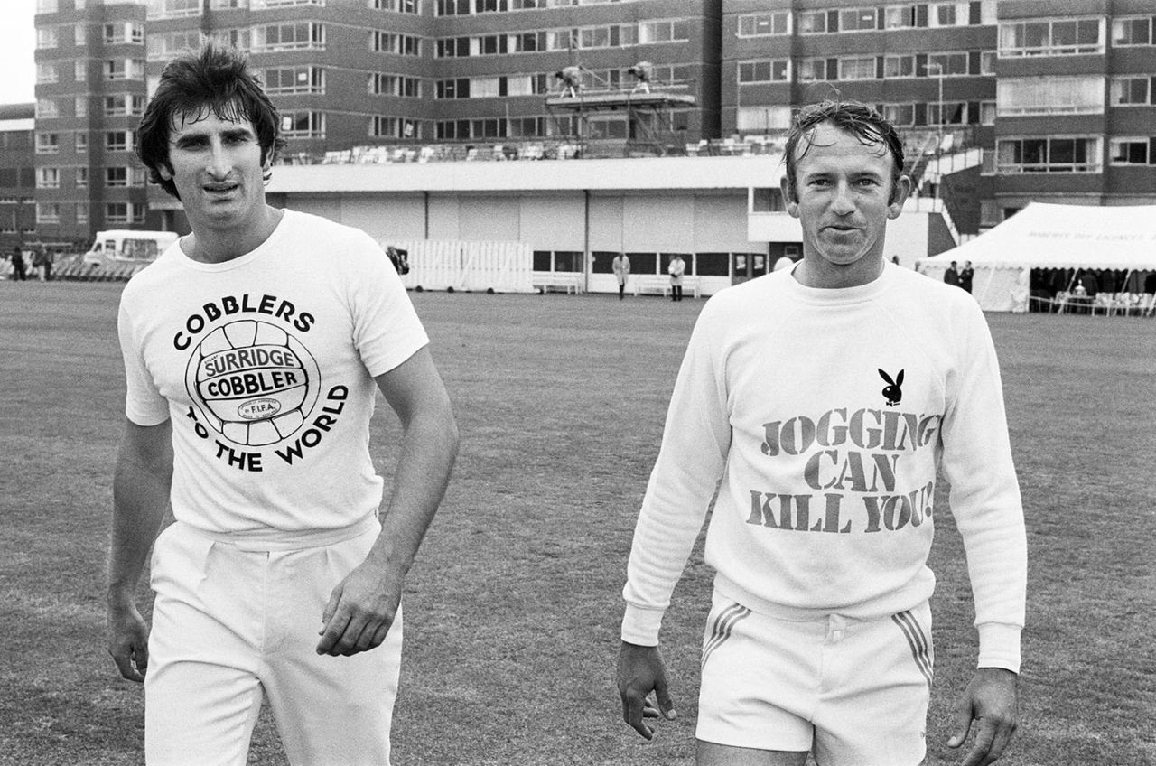 Len Pascoe and Doug Walters after a game of football following a rain delay in the cricket match, Sussex v Australians, day two, Hove, May 9, 1977