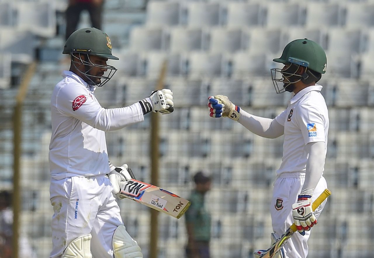 Imrul Kayes and Mominul Haque fist-bump each other, Bangladesh v West Indies, 1st Test, Chattogram, 1st day