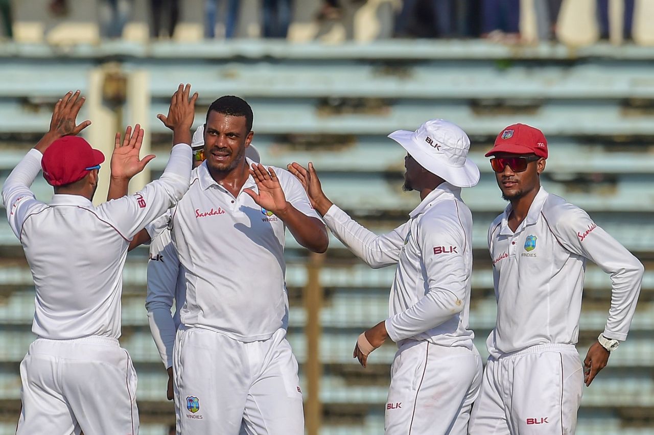 Shannon Gabriel celebrates with his team-mates, Bangladesh v West Indies, 1st Test, Chattogram, 1st day