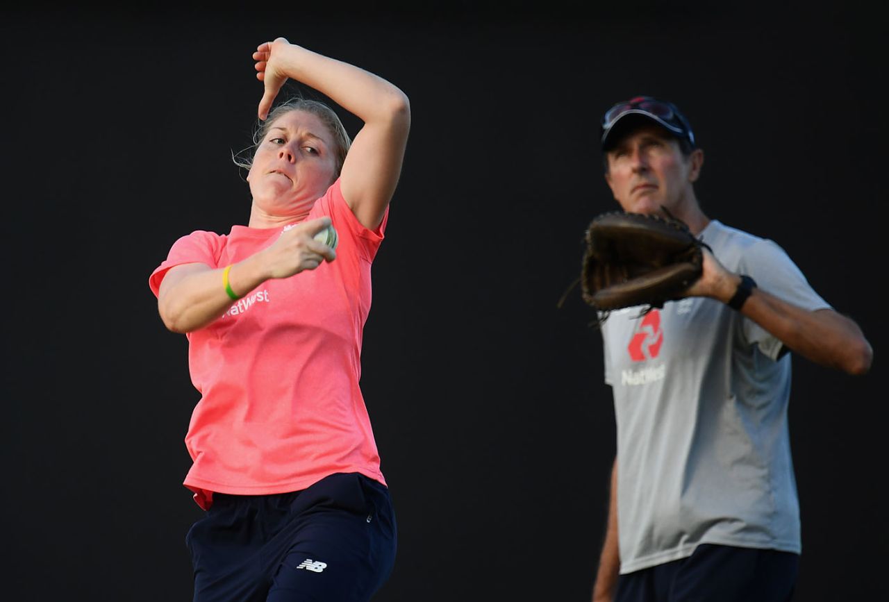Heather Knight practises her bowling in the nets, Antigua, November 21, 2018