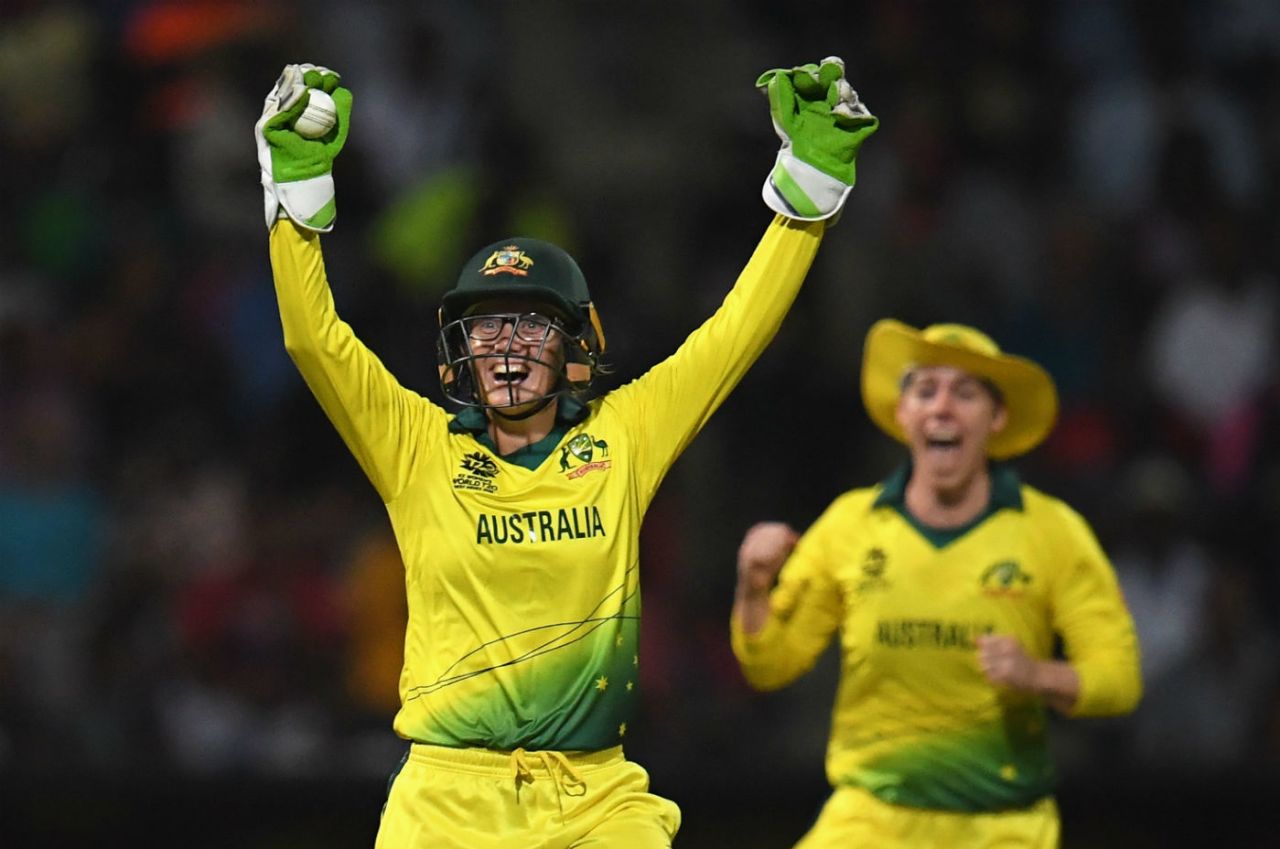 Alyssa Healy can't contain her joy after effecting a smart stumping, West Indies v Australia, 1st semi-final, Women's World T20, November 22, 2018