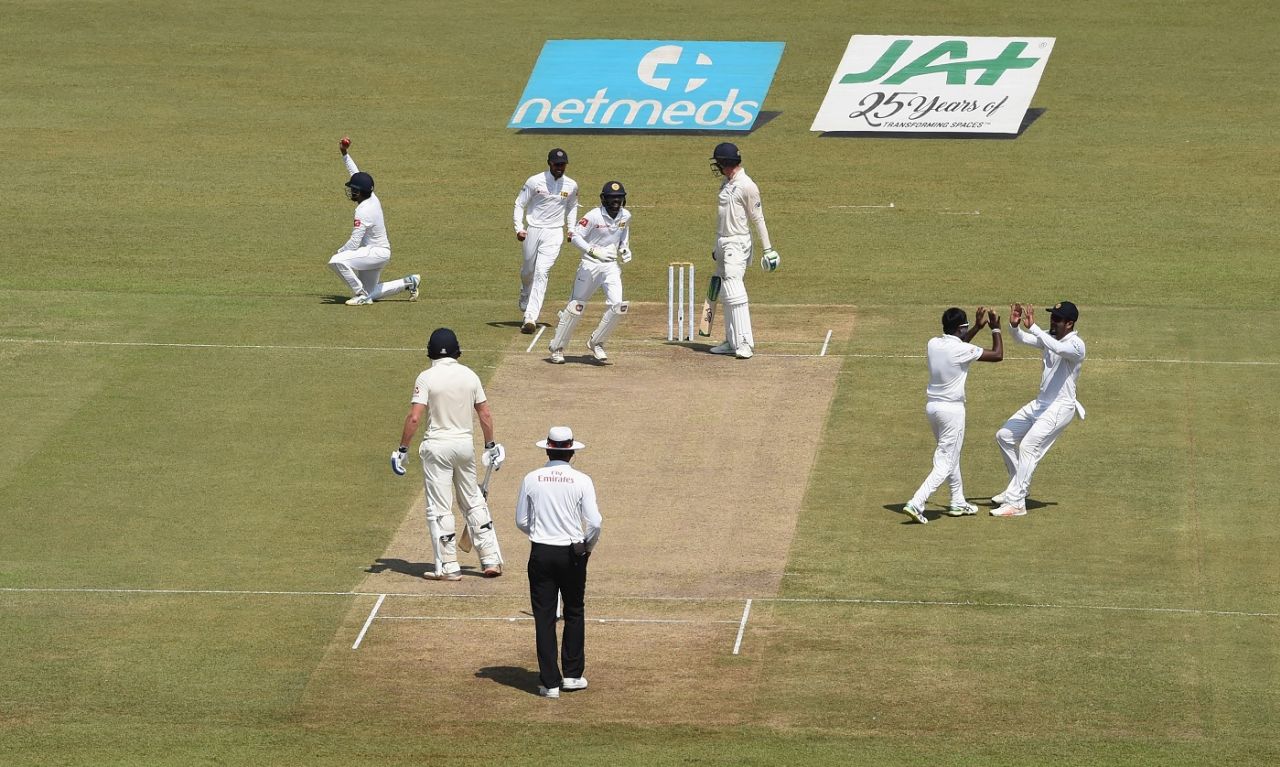 The Sri Lanka fielders celebrate Keaton Jennings' dismissal, Sri Lanka v England, 3rd Test, Colombo, 1st day, November 23, 2018