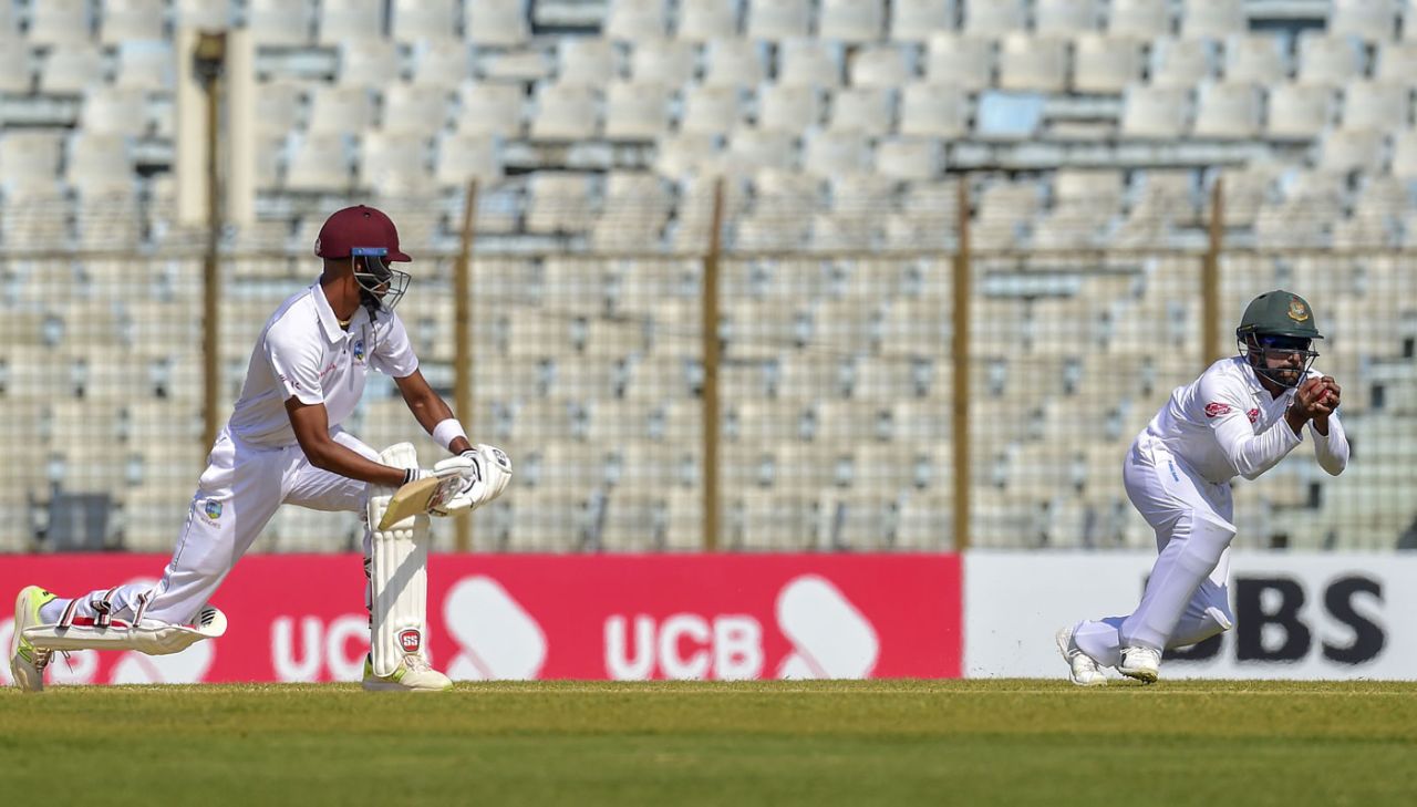 Roston Chase is caught by Imrul Kayes at short leg, Bangladesh v West Indies, 1st Test, Chattogram, 2nd day
