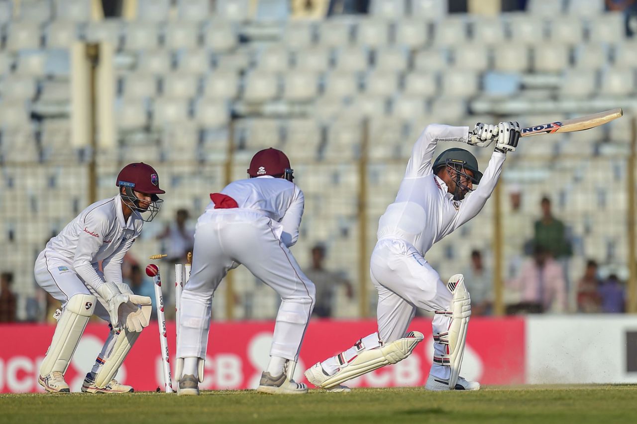 Imrul Kayes is bowled trying to drive, Bangladesh v West Indies, 1st Test, Chattogram, 2nd day