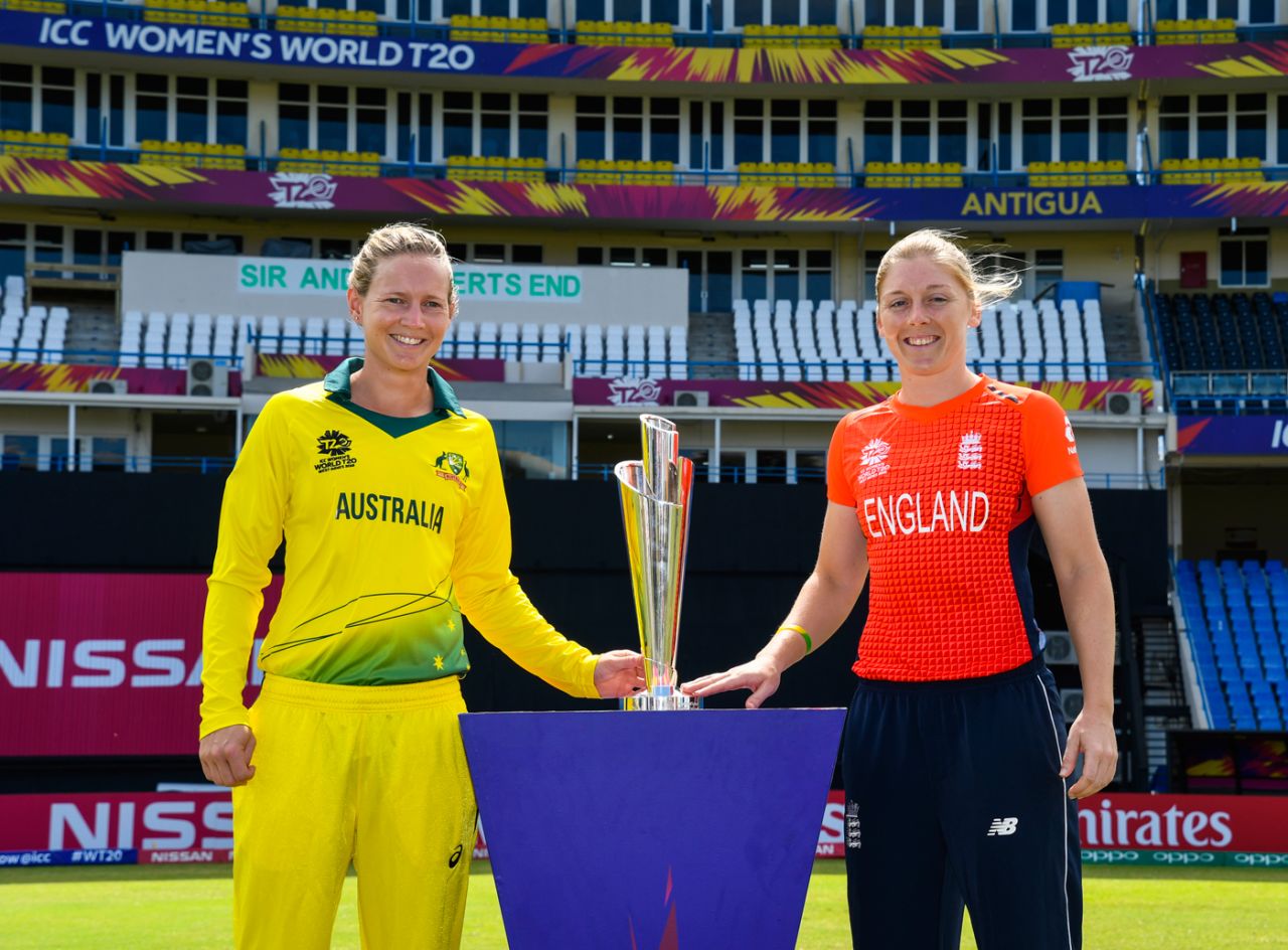 Meg Lanning and Heather Knight pose with the 2018 Women's World T20 trophy, North Sound, November 23, 2018