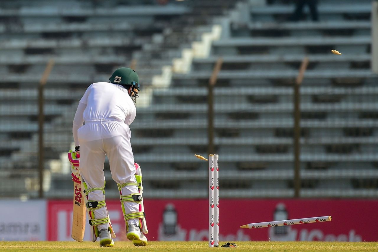 Mushfiqur Rahim loses his stumps to a corker from Shannon Gabriel, Bangladesh v West Indies, 1st Test, Chattogram, 3rd day