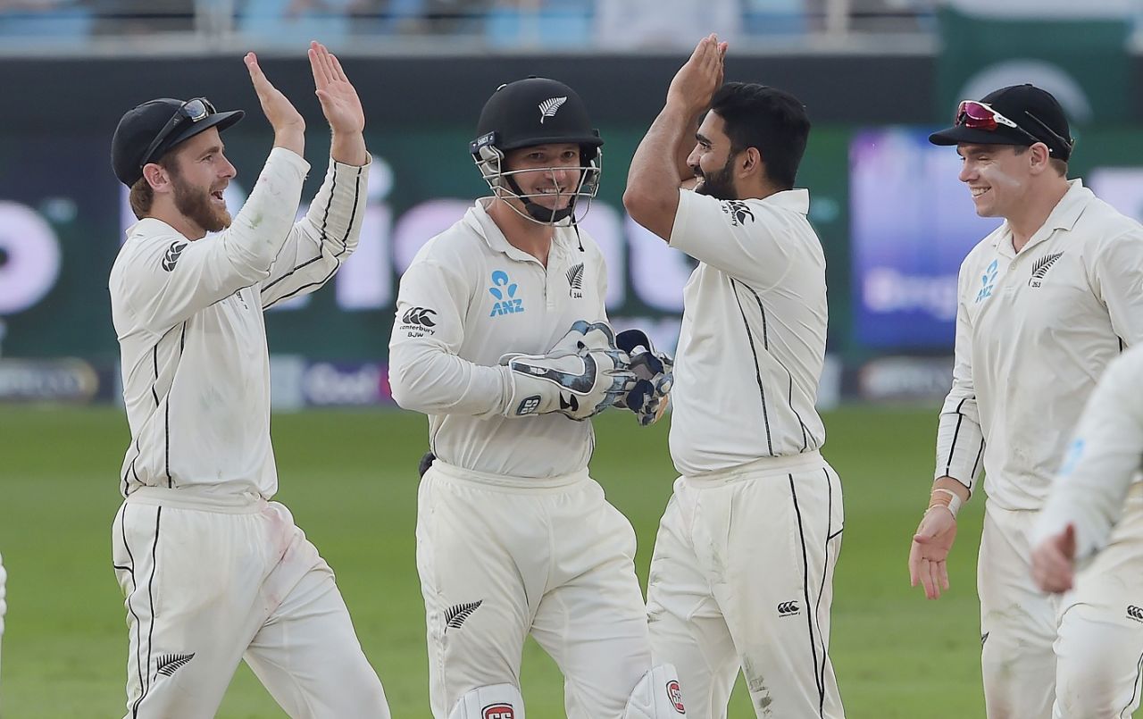 Ajaz Patel and Kane Williamson celebrate a wicket, Pakistan v New Zealand, 2nd Test, Dubai, 2nd day, November 24, 2018