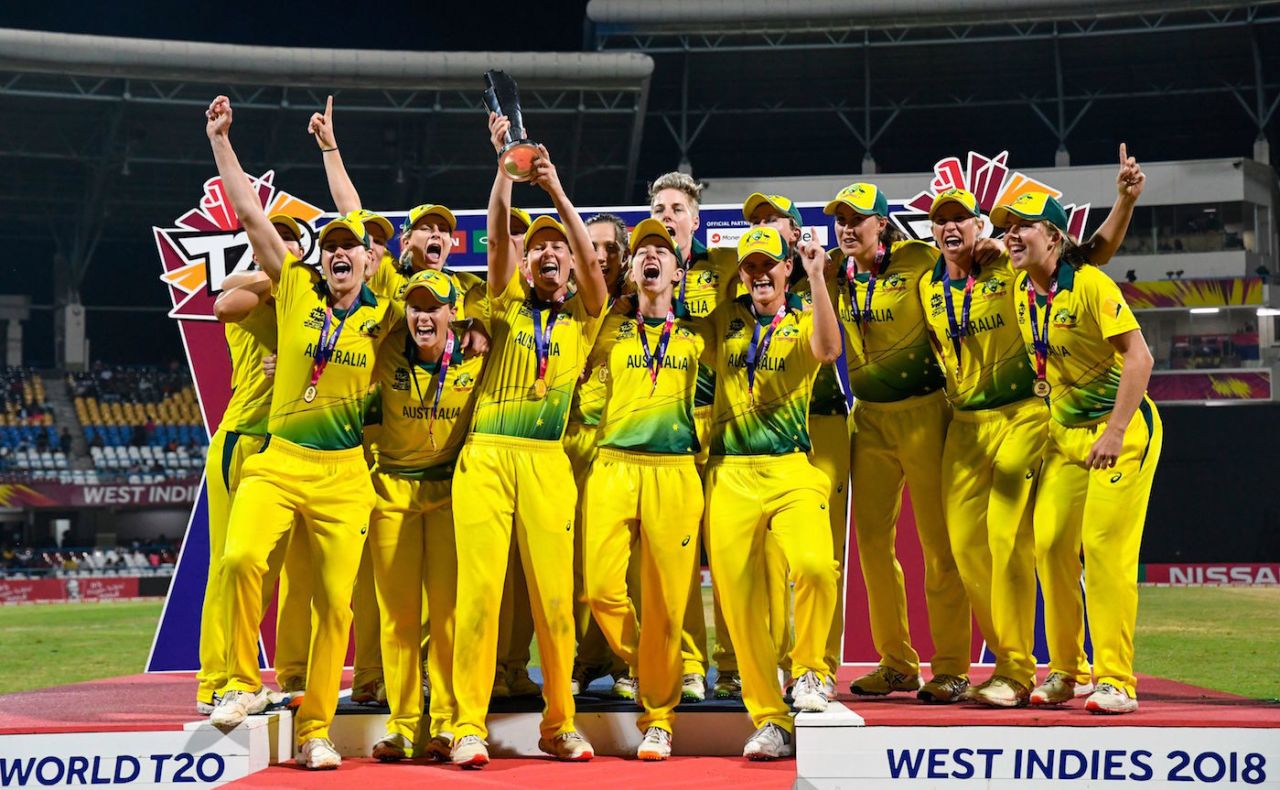 Australia hold the World T20 trophy aloft, England v Australia, Women's World T20 final, Antigua, November 24, 2018