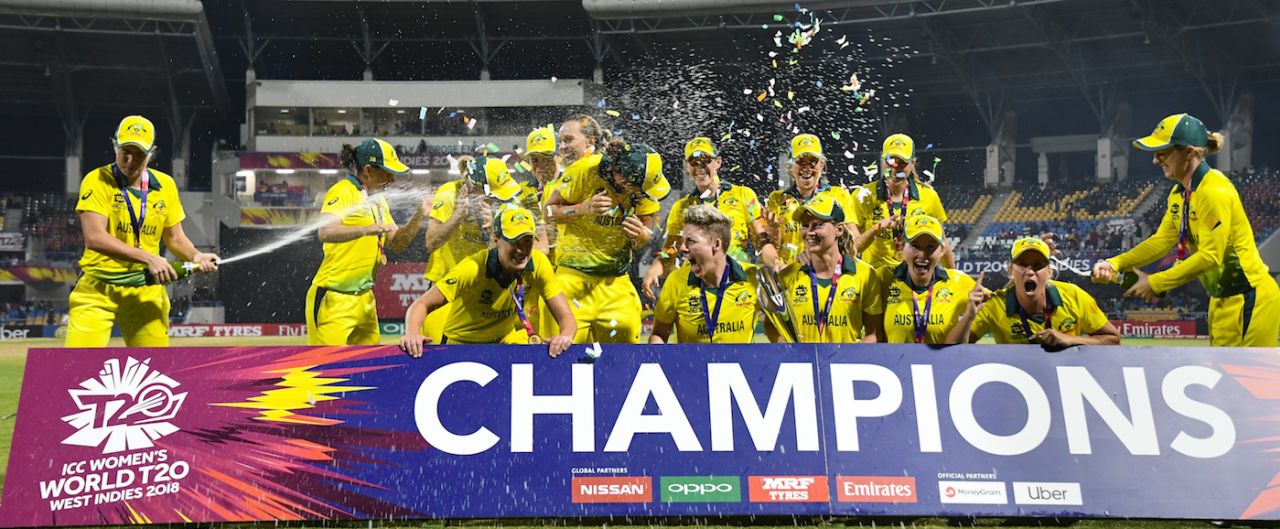 Alyssa Healy sprays her team-mates with champagne, England v Australia, Women's World T20 final, Antigua, November 24, 2018