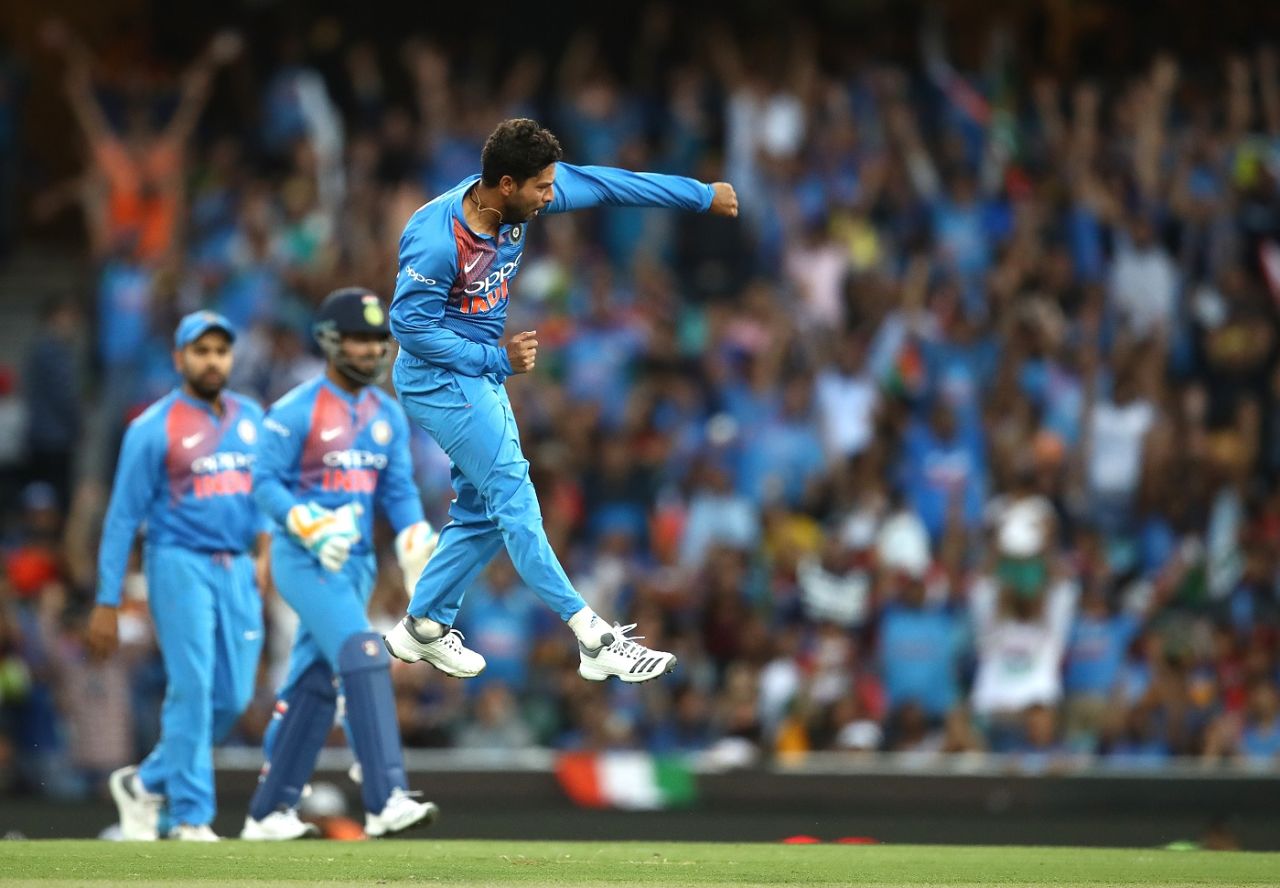 Kuldeep Yadav jumps in joy after dismissing Aaron Finch, Australia v India, 3rd T20I, Sydney, November 25, 2018 