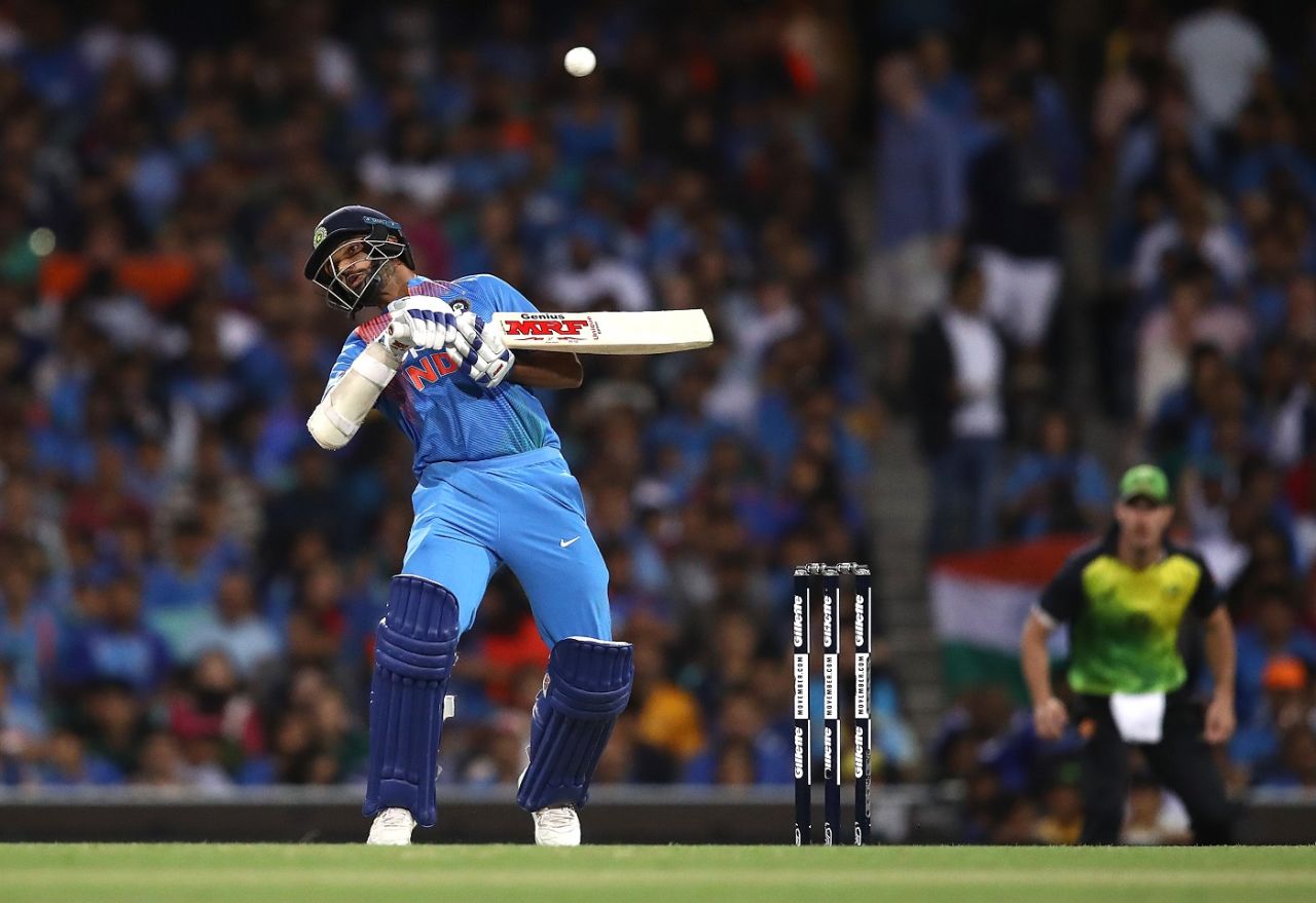 Shikhar Dhawan sways under a bouncer, Australia v India, 3rd T20I, Sydney, November 25, 2018
