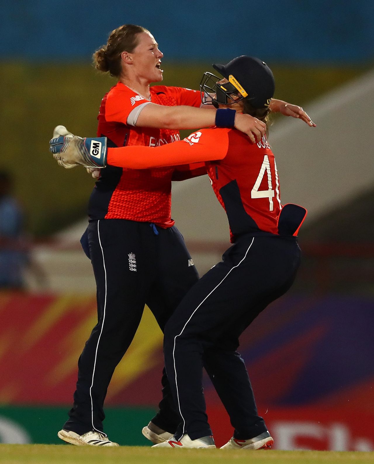 Anya Shrubsole and Amy Jones celebrate a wicket, England v West Indies, World T20 2018, Saint Lucia, November 18, 2018