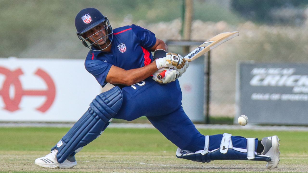 Jannisar Khan executes a sweep behind square, Oman v USA, ICC World Cricket League Division Three, Al Amerat, November 16, 2018