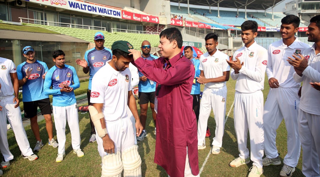 Chief selector Minhajul Abedin presents debutant Shadman Islam with a cap, Bangladesh v West Indies, 2nd Test, Mirpur, 1st day, November 30, 2018