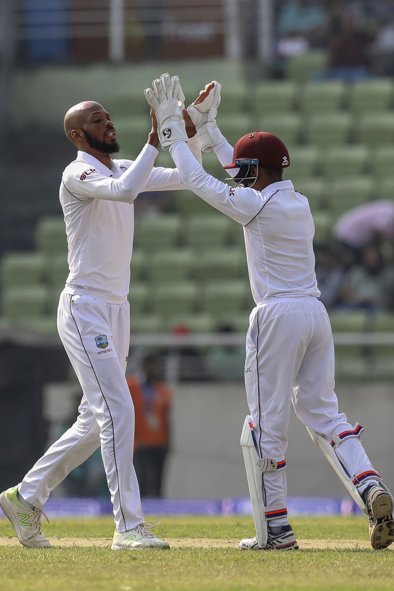 Roston Chase celebrates with Shane Dowrich after getting Soumya Sarkar out, Bangladesh v West Indies, 2nd Test, Mirpur, 1st day, November 30, 2018