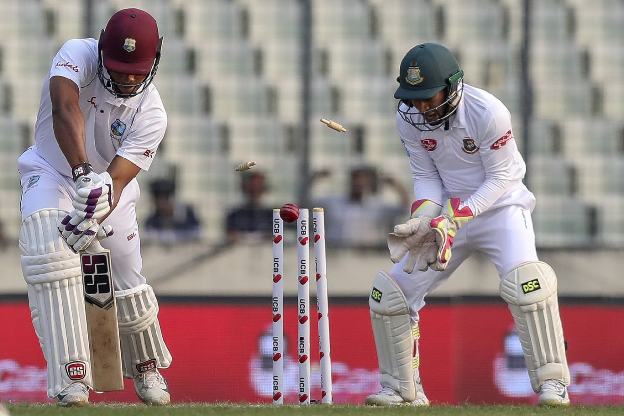 Kieran Powell loses his off stump, Bangladesh v West Indies, 2nd Test, Mirpur, 2nd day, December 1, 2018