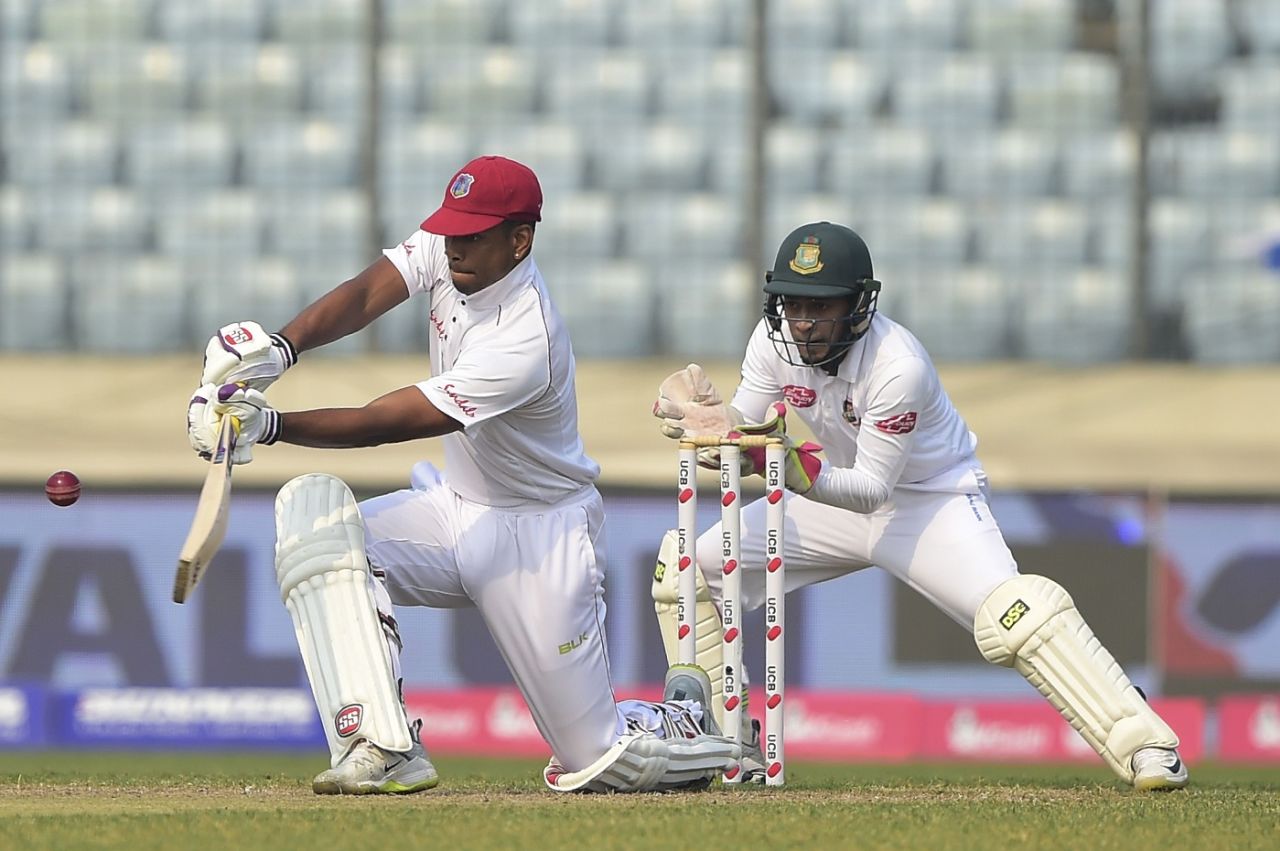 Kieran Powell gets down for a slog, Bangladesh v West Indies, 2nd Test, Dhaka, 3rd day, December 2, 2018