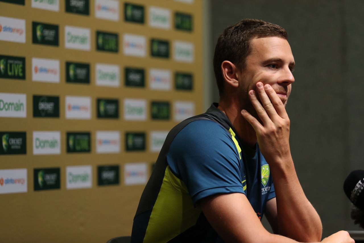 Josh Hazlewood wears an intent look at a press conference, Adelaide, December 3, 2018