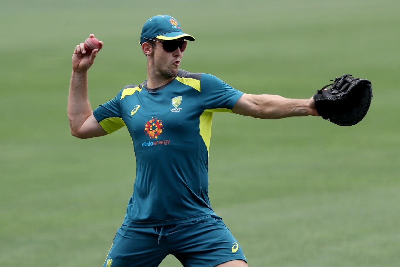 Shaun Marsh aims a throw during Australia's training session, Adelaide, December 3, 2018