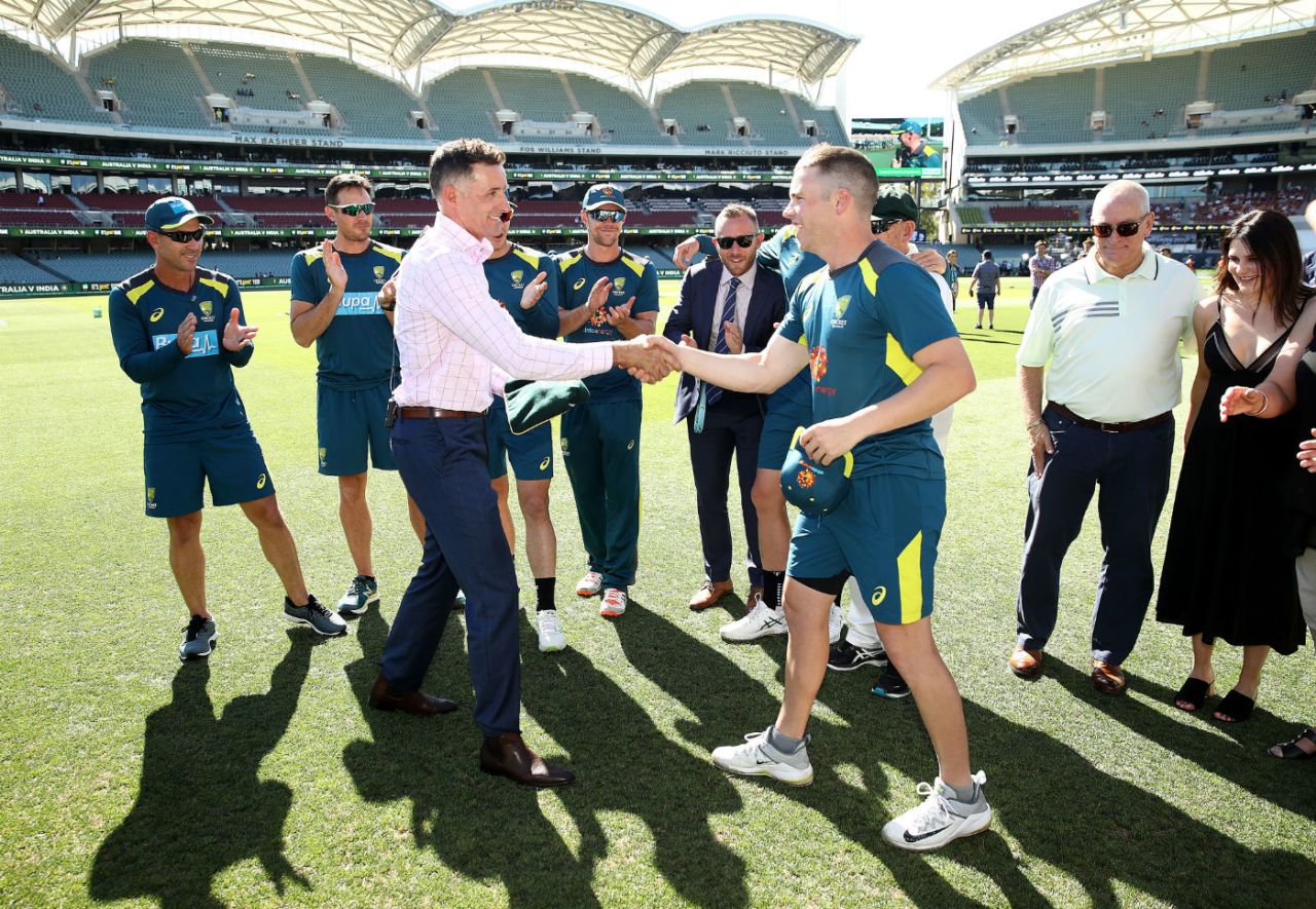 Marcus Harris became Baggy Green No. 456, presented by Michael Hussey, Australia v India, 1st Test, Adelaide, 1st day, December 6, 2018