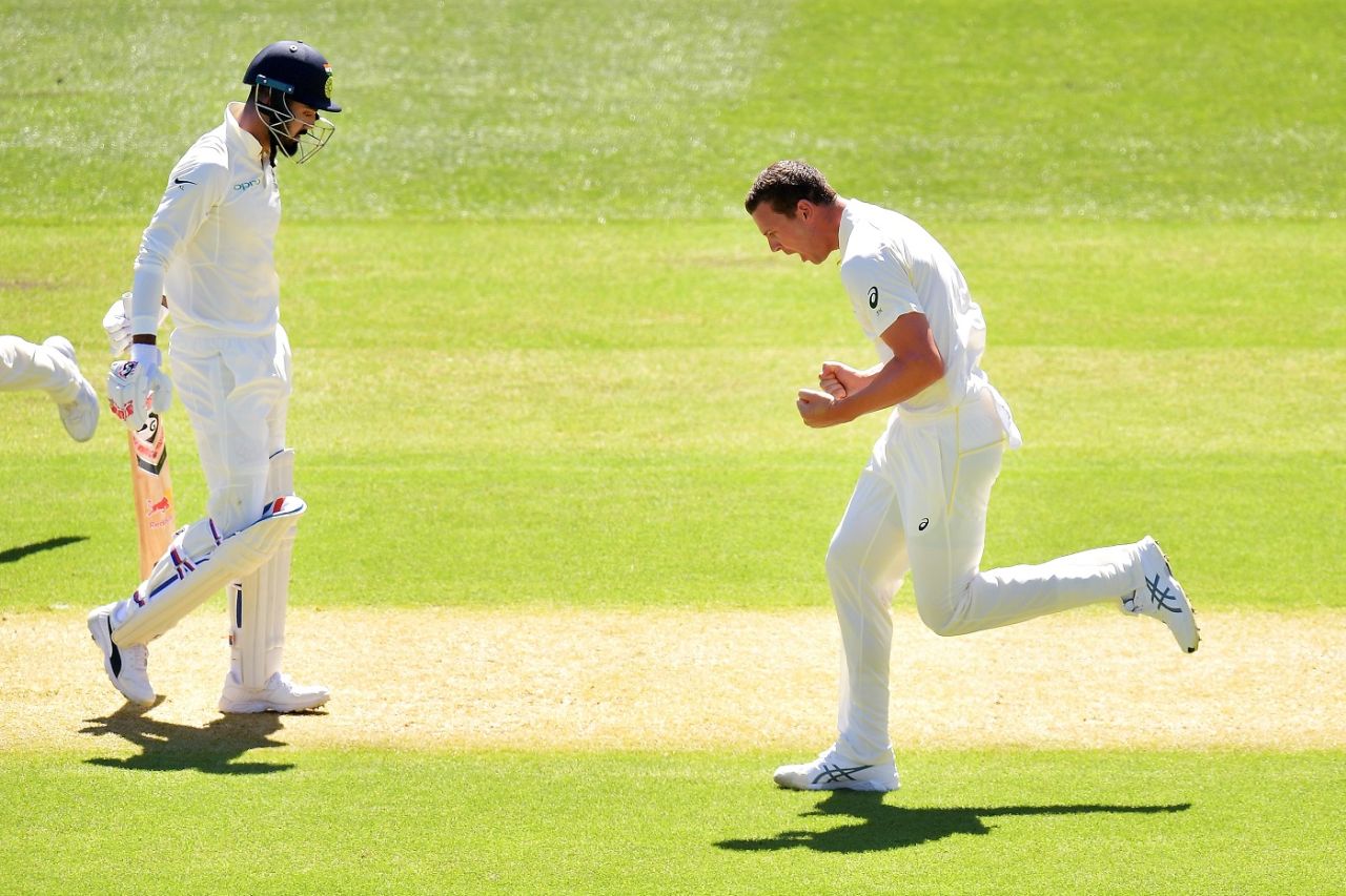 Josh Hazlewood celebrates the wicket of KL Rahul, Australia v India, 1st Test, Adelaide, 1st day, December 6, 2018