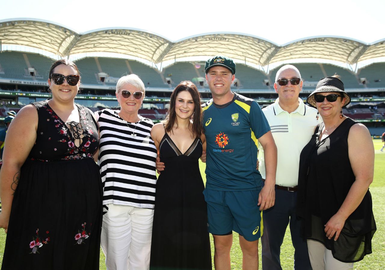Marcus Harris poses with his proud family after receiving his Test cap, Australia v India, 1st Test, Adelaide, 1st day, December 6, 2018