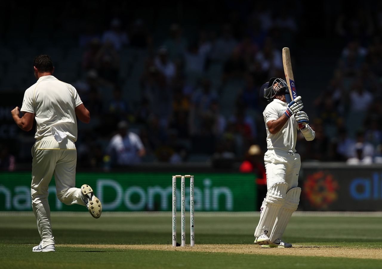 Ajinkya Rahane reacts after falling to Josh Hazlewood, Australia v India, 1st Test, Adelaide, 1st day, December 6, 2018