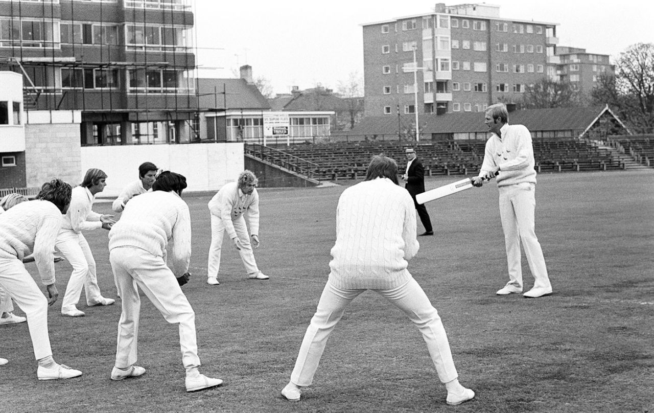 Tony Greig leads Sussex's practice at Hove, April 22, 1974