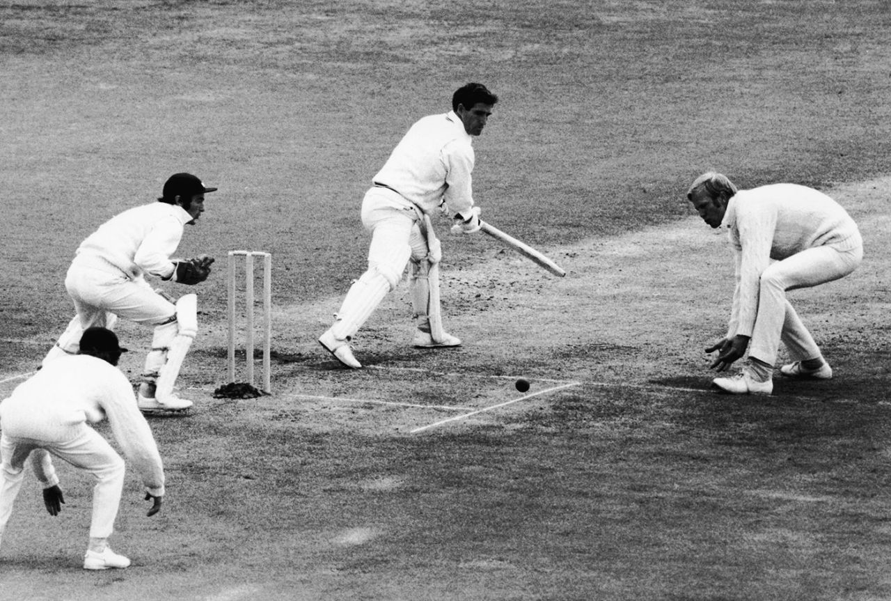 Tony Greig fields close to batsman Vic Pollard at silly point, England v New Zealand, 1st Test, Trent Bridge, 4th day, June 11, 1973