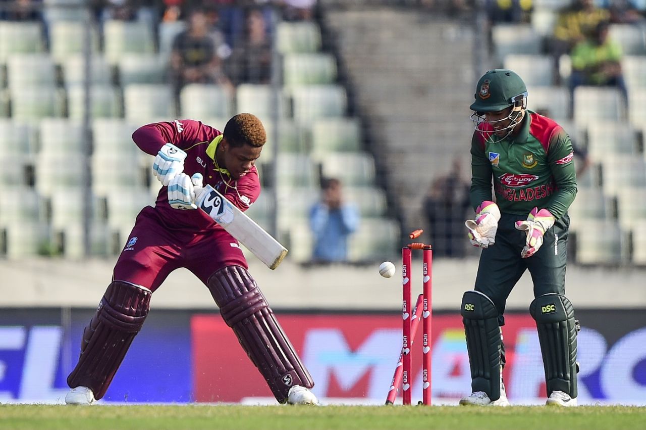 Shimron Hetmyer is bowled, Bangladesh v West Indies, 1st ODI, Dhaka, December 9, 2018