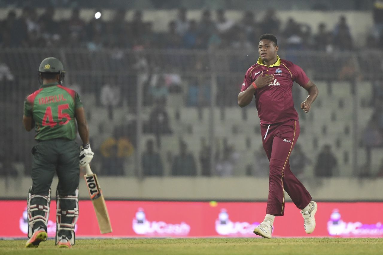 Oshane Thomas makes a mess of Imrul Kayes' stumps, Bangladesh v West Indies, 1st ODI, Dhaka, December 9, 2018