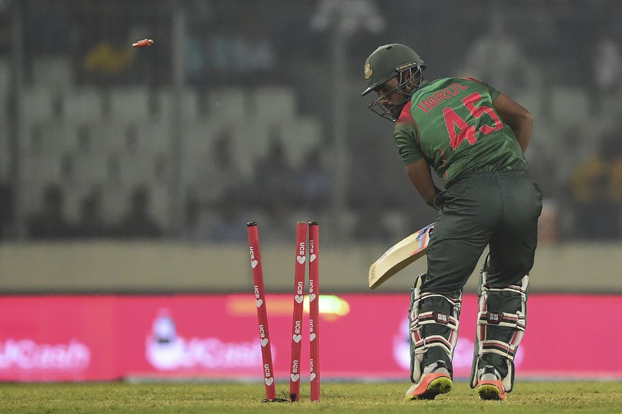 Imrul Kayes is bowled by Oshane Thomas, Bangladesh v West Indies, 1st ODI, Dhaka, December 9, 2018