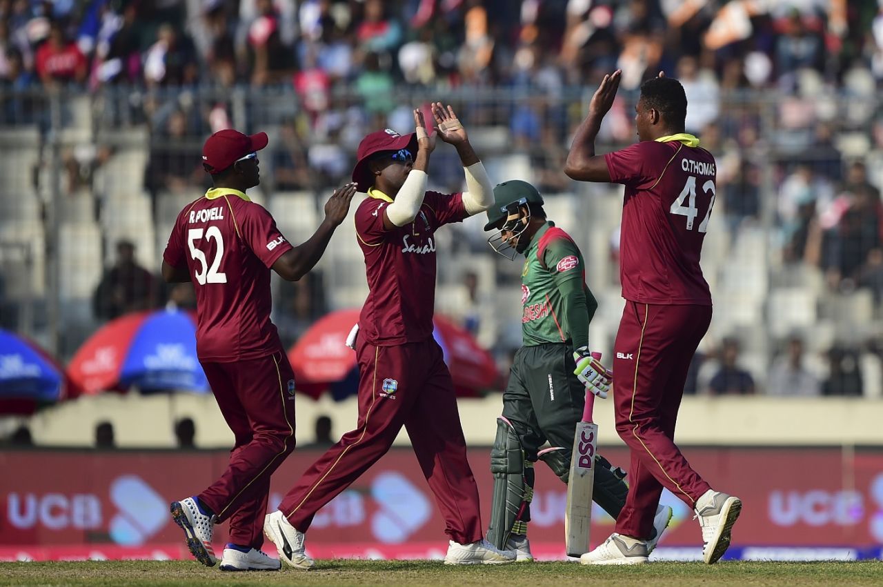 Oshane Thomas celebrates after getting Mushfiqur Rahim out, Bangladesh v West Indies, 2nd ODI, Dhaka, December 11, 2018