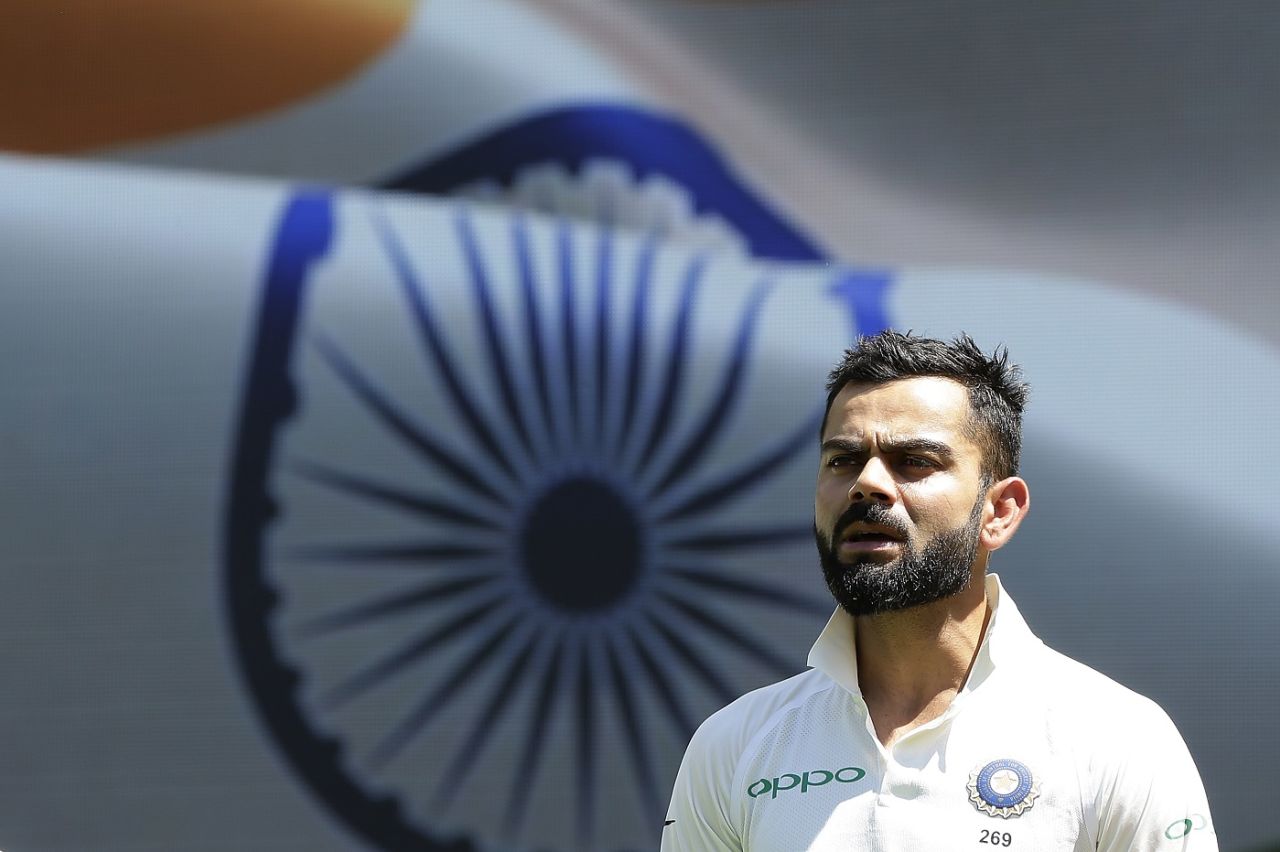 India captain Virat Kohli during the anthems before the start of play, Australia v India, 2nd Test, Perth, 1st day, December 14, 2018