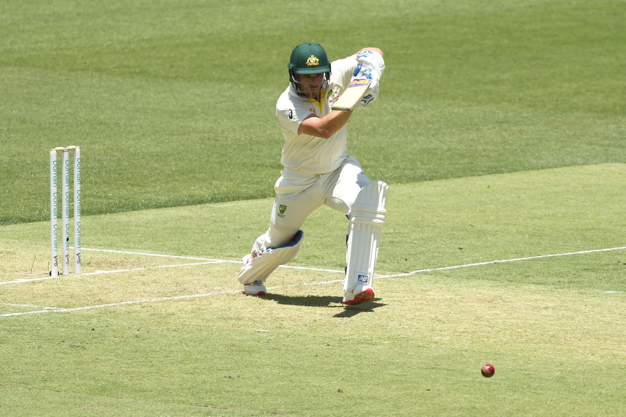 Aaron Finch drives the ball away, Australia v India, 2nd Test, Perth, 1st day, December 14, 2018